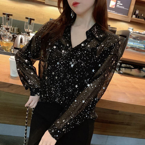 Langärmliges Chiffon-Bluse-Shirt mit Sternenmuster 