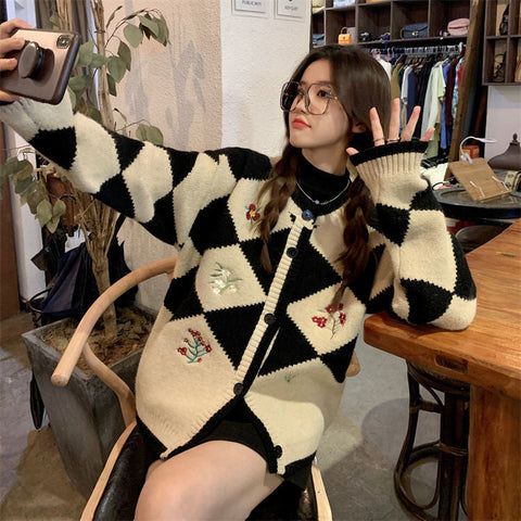 Loose Floral Embroidery Sweet Cardigan Sweater