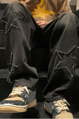 High Waist Stars Embroidered Loose Jeans Pants