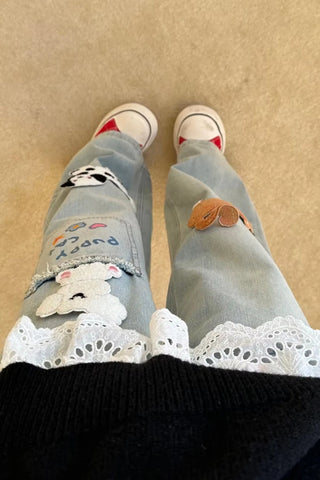 Cute 3D Cat and Dog Embroidered Casual Jeans Pants