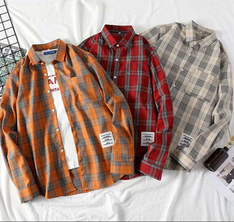 Camisa holgada de manga larga a cuadros retro 