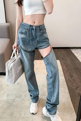 Zipped Hollow Out Denim Jeans Pants