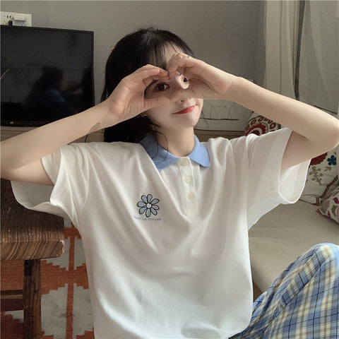 Daisy Floral Pocket Embroidered Collar Shirt