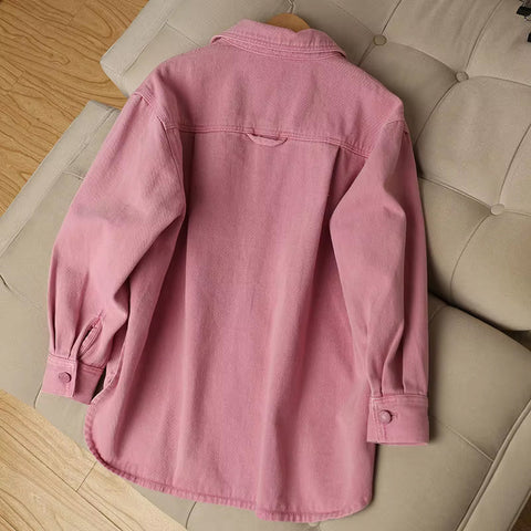 Casual Pink Color Denim Jeans Jacket