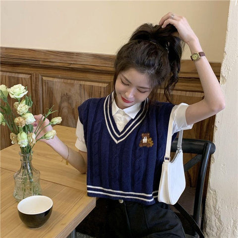 V-Neck Bear Embroidered Vest Sweater