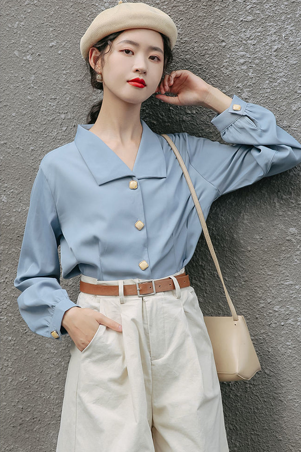 Big Collar Button Up Office Blue Blouse Shirt