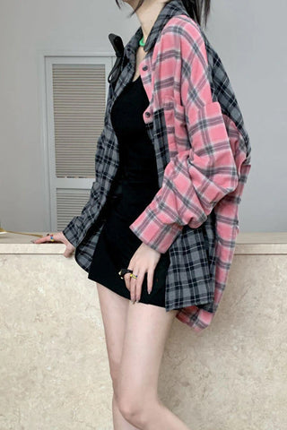 Loose Combine Colors Plaid Blouse Shirt