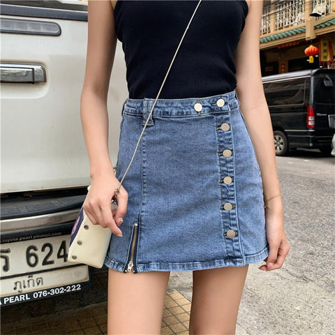 High Waist Single Button Pockets Jeans Skirt