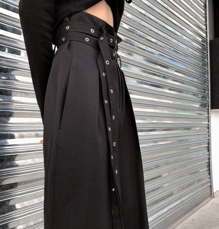 High Waist Long Sashes Gothic Style Wide Leg Pants