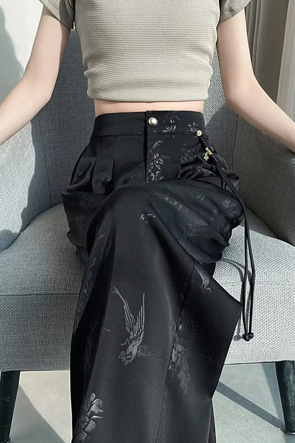 Loose Flowers Pattern Jacquard Satin Pants