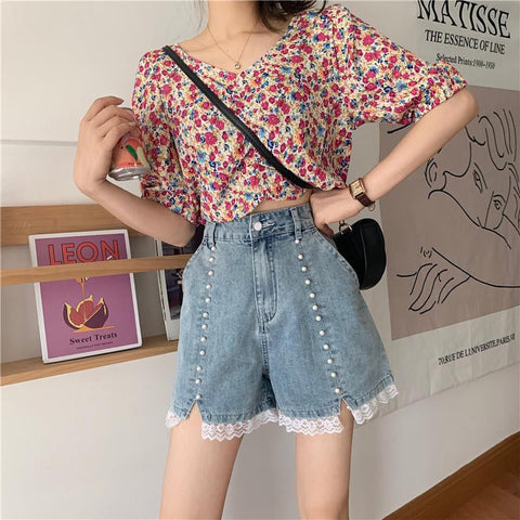 High Waist Pearls Pattern Lace Shorts Jeans