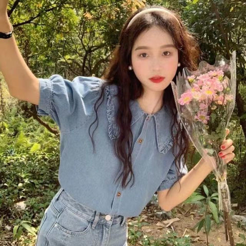 Short Sleeve Peter Pan Collar Denim Shirt