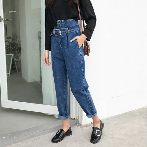 Jeans High Waist Asymmetrical Belt Vintage Denim Pants