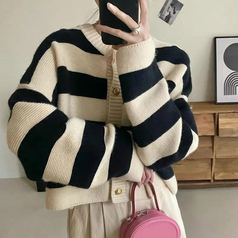 Loose Striped Knitted Cropped Cardigan Swater