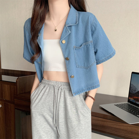 Short Sleeve Turn Down Collar Denim Shirt