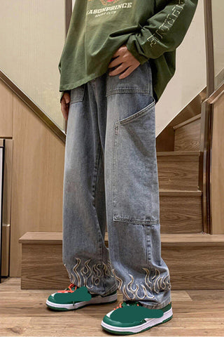 Flame Embroidered Hip Hop Jeans Pants