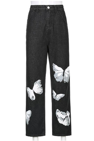 Pantalones vaqueros negros con estampado de mariposas vintage 