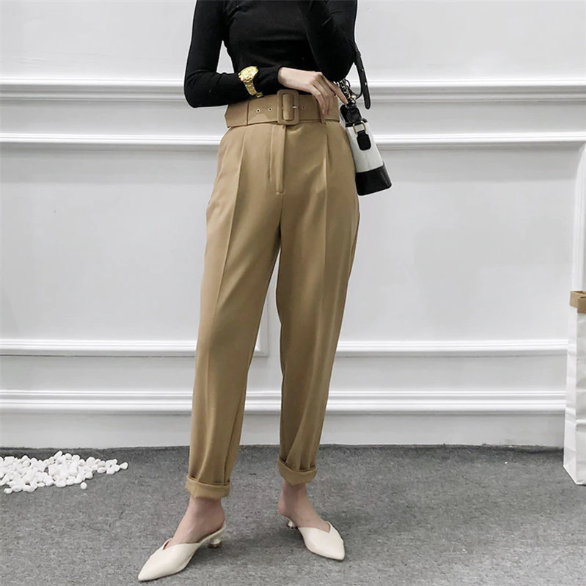 High Waist Solid Long Pants With Belt