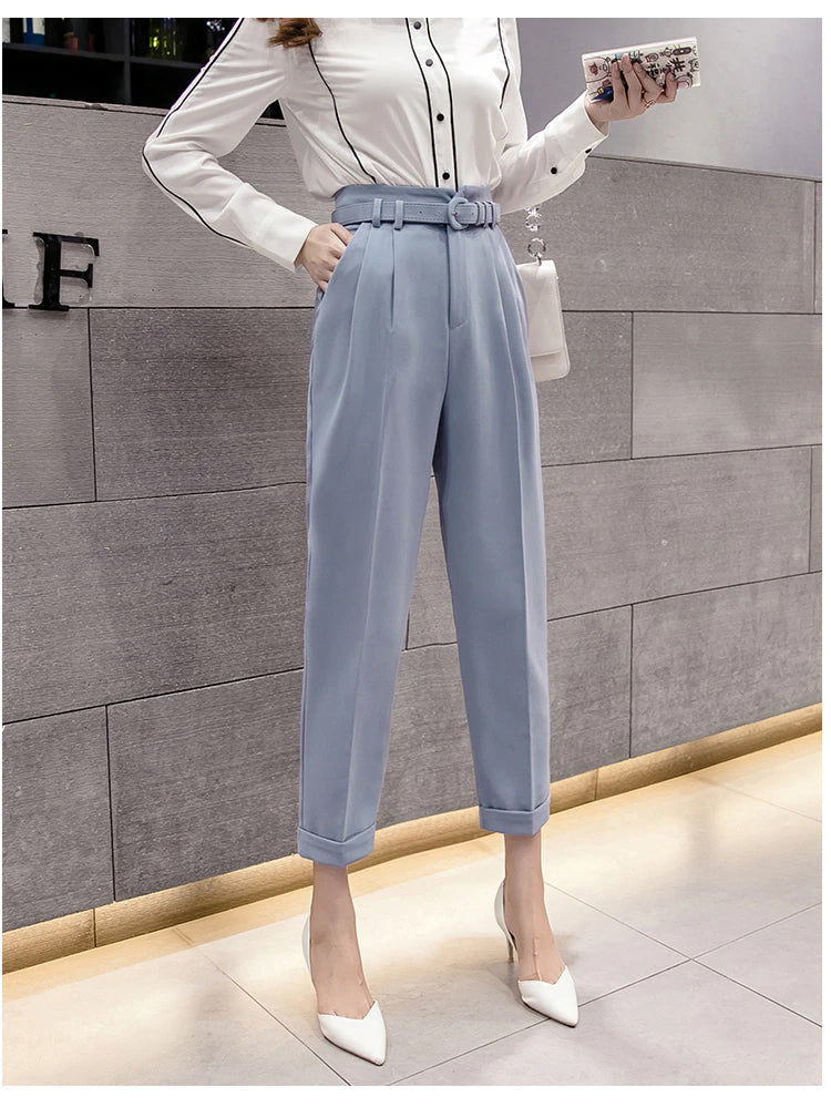 High Waist Ankle Length Elegant Office Pants with Belt