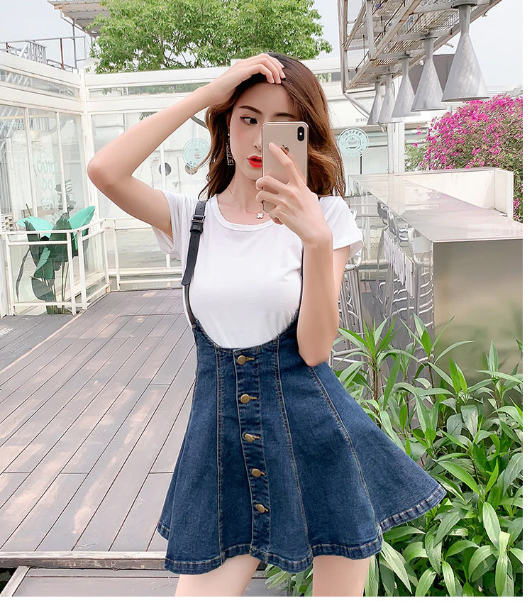 High Waist Suspender Adjustable Strap Denim Skirts