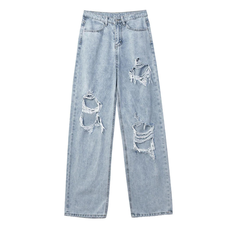 Zerrissene, lockere Jeanshose mit hoher Taille 