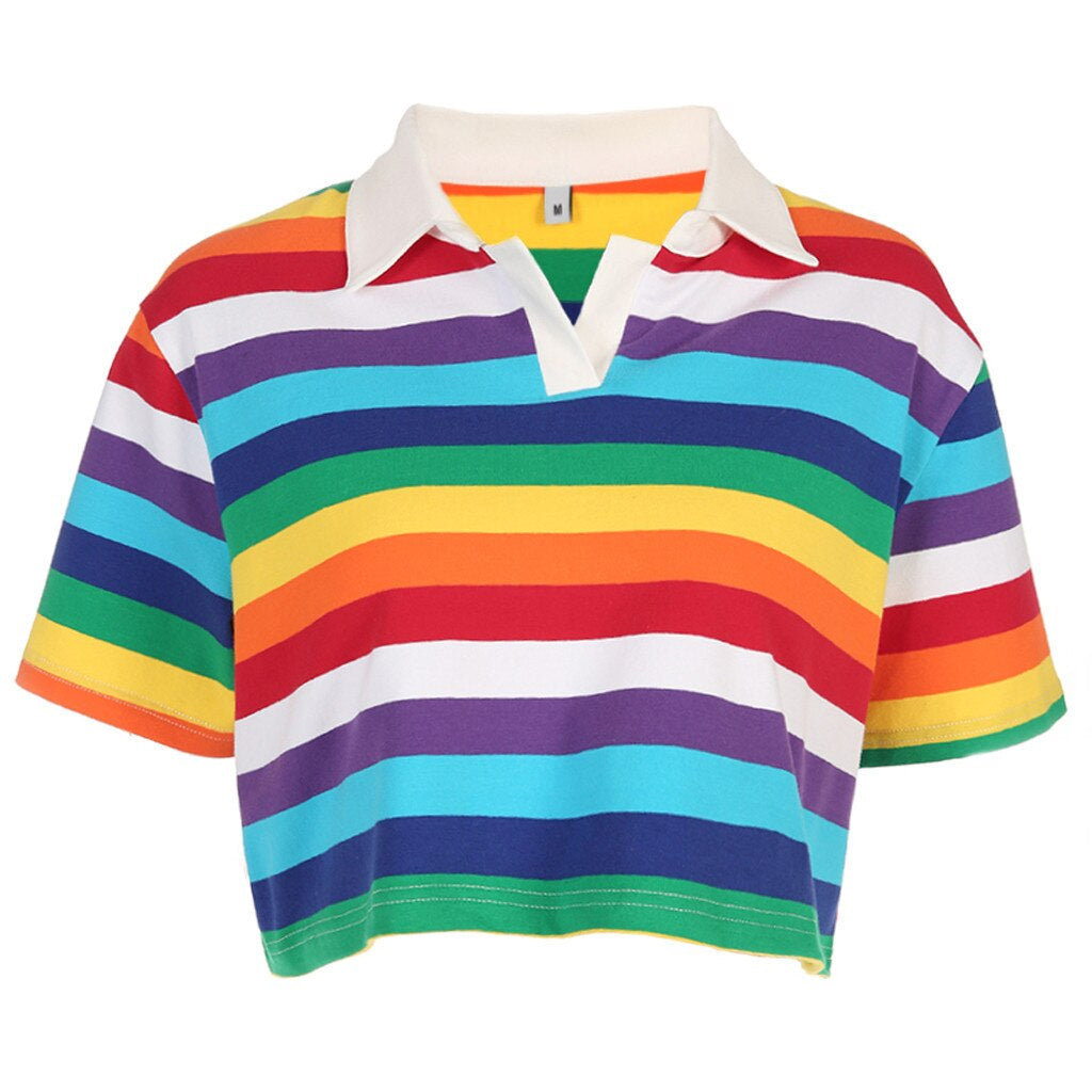 Short Sleeve Rainbow Striped Cropped Polo Collar Shirt