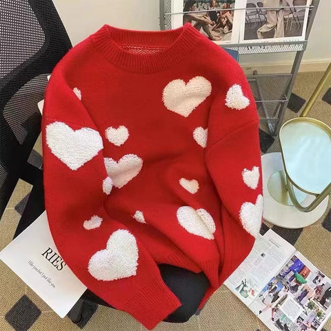 Casual Heart Pattern O-Neck Knitted Sweater