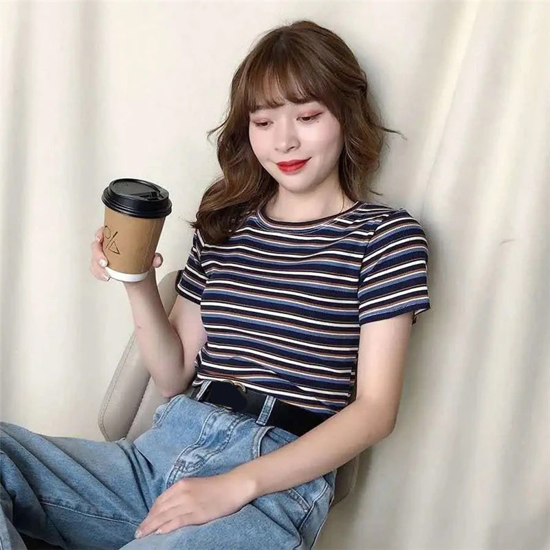 O-Neck Striped Cropped Slim Shirt