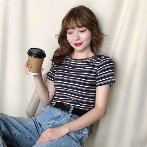 O-Neck Striped Cropped Slim Shirt