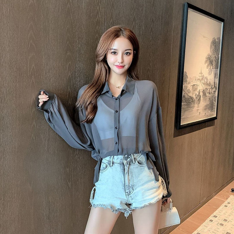 Rope Strap Sun Screen Thin Transparent Shirt
