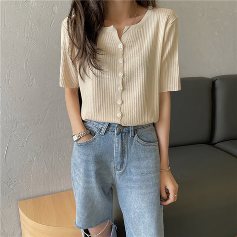 Short Sleeve Candy Colors Button Knitted Shirt