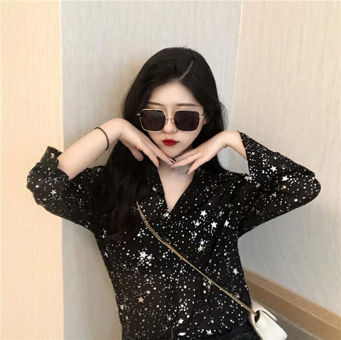 Long Sleeve Stars Sequins Chiffon Blouse Shirt