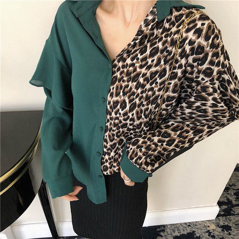 Half Leopard Combination V-Neck Blouse Shirt