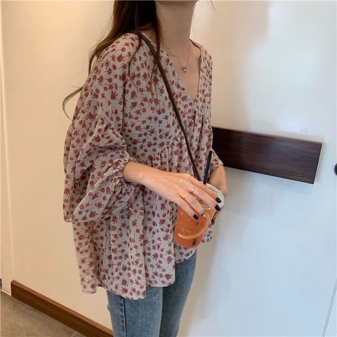 Long Sleeve V-Neck Chiffon Floral Loose Shirt