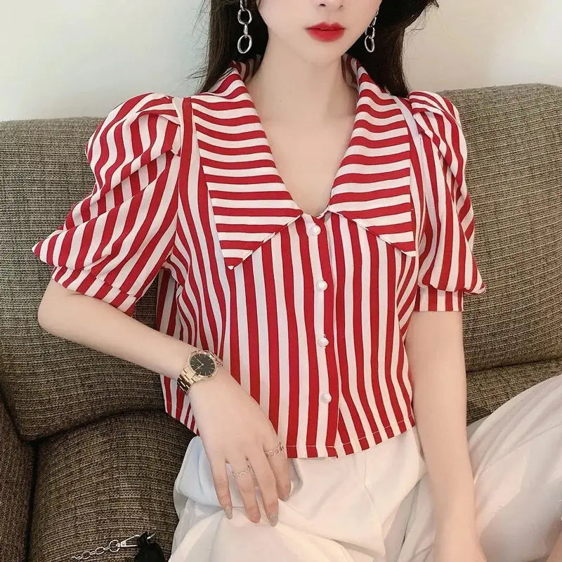 Striped Puff Sleeve Turn Down Collar Blouse Shirt