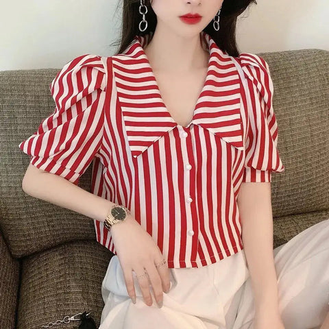 Striped Puff Sleeve Turn Down Collar Blouse Shirt