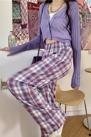 High Waist Cute Purple Plaid Long Pants