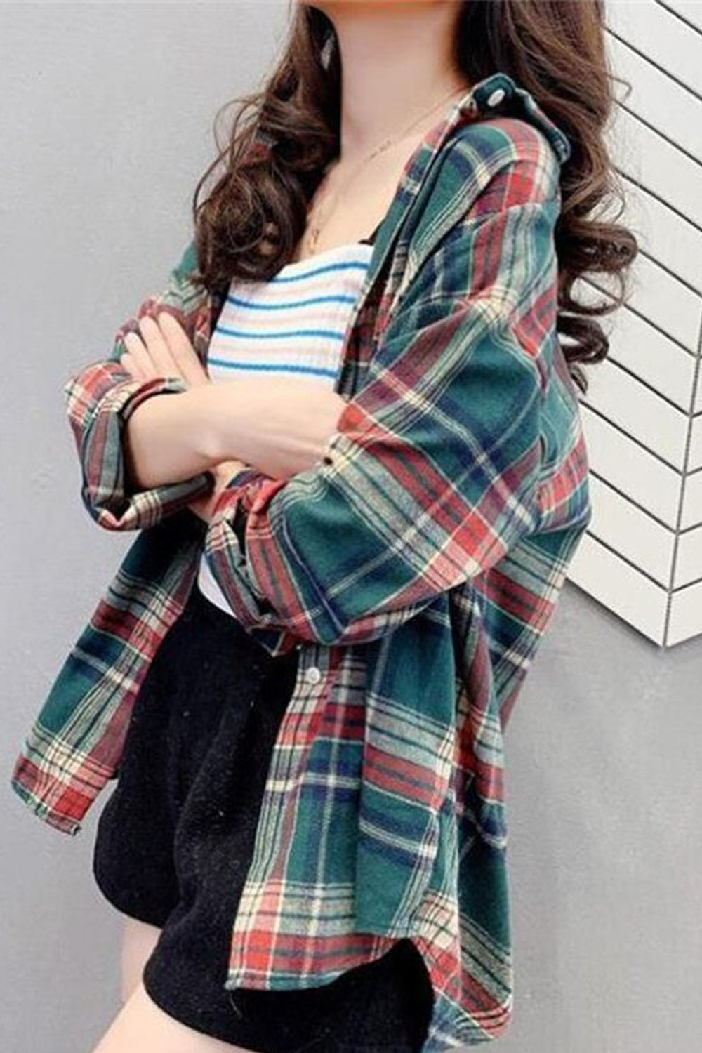 Long Sleeve Classic Plaid Colors Loose Shirt