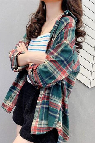 Long Sleeve Classic Plaid Colors Loose Shirt