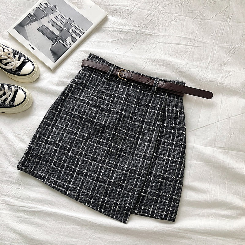 High Waist Irregular A-Line Mini Plaid Skirts
