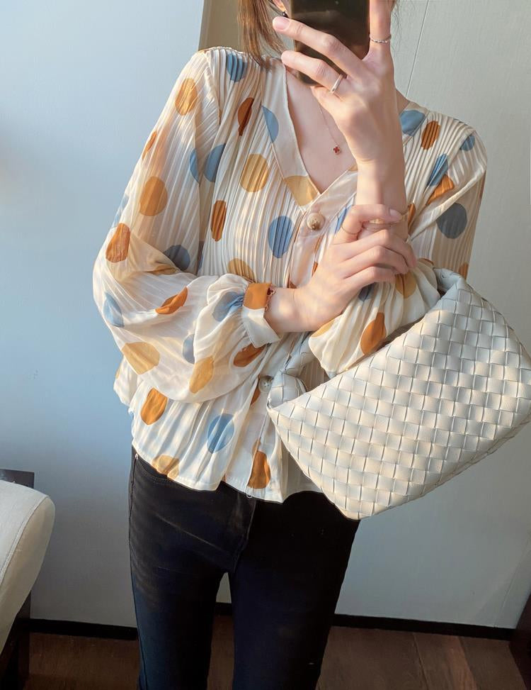 V-Neck Elegant Polka Dot Chiffon Blouse Shirt