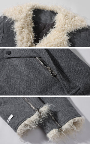 Structured Faux-Shearling Collar Jacket with Asymmetric Wrap Design