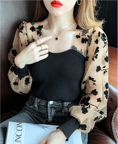 Flower Printed Mesh Stitching Puff Sleeve Shirt