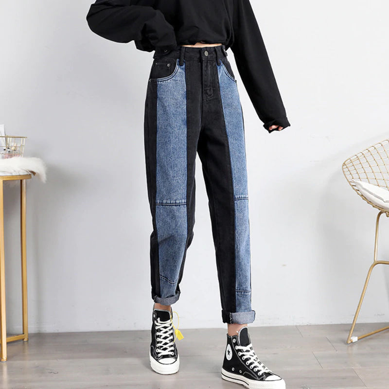 High Waist Spliced Color Ankle Length Jeans Pants