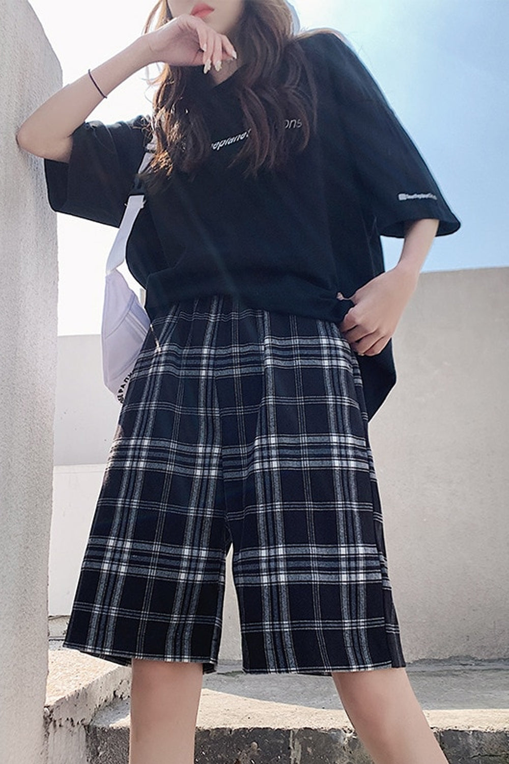 High Waist Black Plaid Cotton Summer Shorts Pants