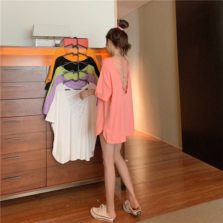 Cute Backless Sexy Loose O-Neck Shirt