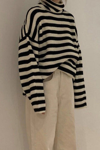 Vintage Striped Loose Turtleneck Knitted Sweater