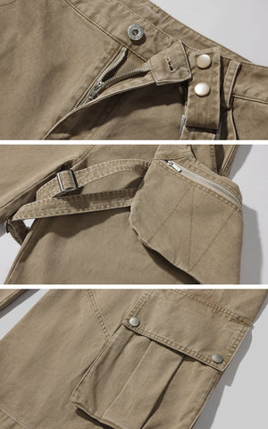Wide Leg Cargo Pants with Strap Details and Detachable Pocket
