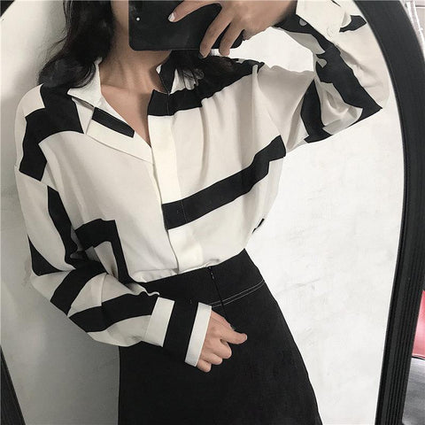 Vintage Asymmetrical Striped Printed Blouse Shirt