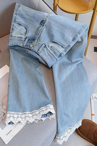 High Waist Lace Edge Design Jeans Pants